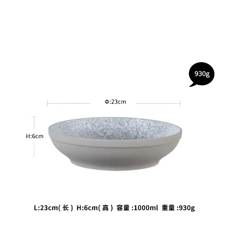 A sleek light gray ceramic dinner bowl with speckled blue interior from decorbites ceramic dinner plate set