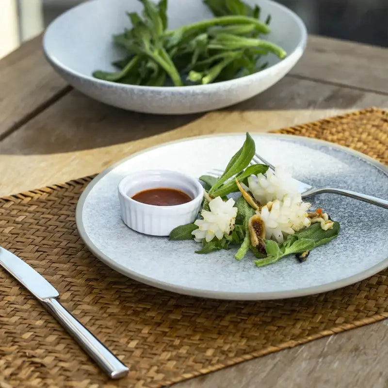 Light gray speckled ceramic dinner plate with textured finish holding salad and ramekin from decorbites dinner plate set