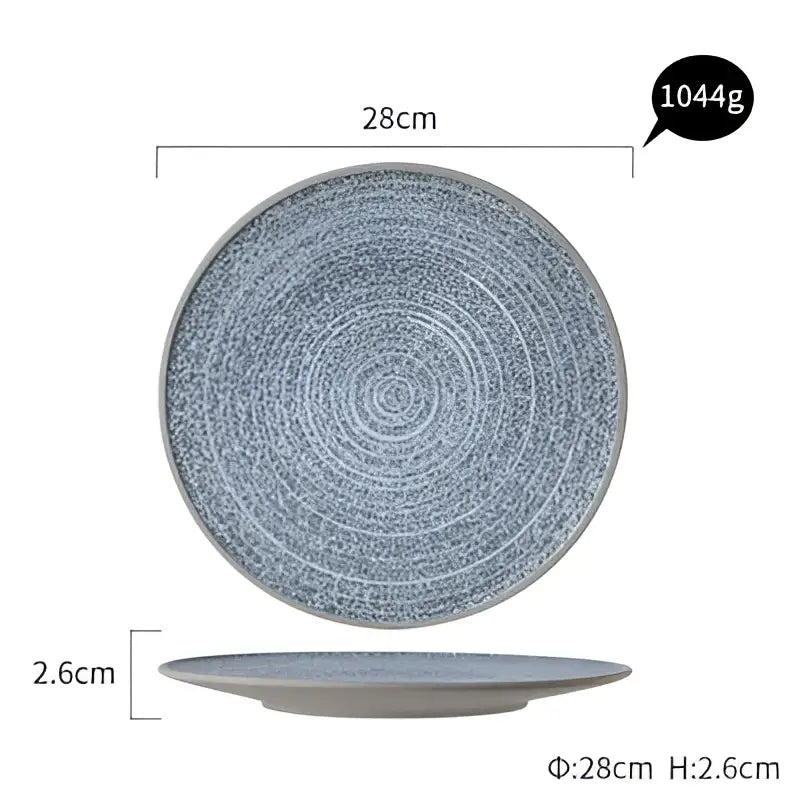 A 28cm gray ceramic dinner plate with textured concentric circles and speckled finish from decorbites dinner plate set