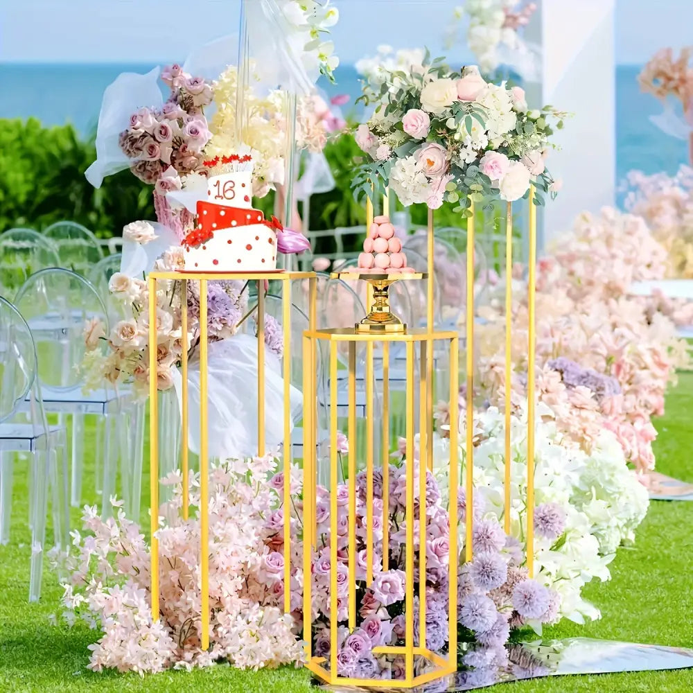 Gold-colored metal 6-piece storage rack with hexagonal base and vertical bars used as vase decoration bottles