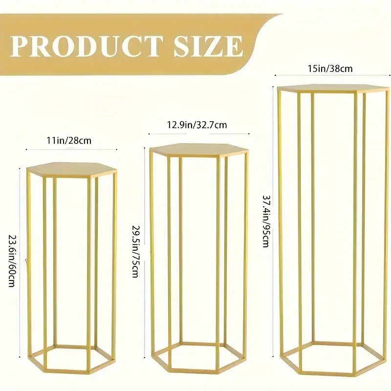 Gold-finished hexagonal metal 6-piece storage rack pedestal stands in varying heights for vase decoration bottle display