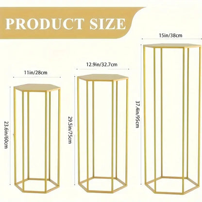 Gold-finished hexagonal metal 6-piece storage rack pedestal stands in varying heights for vase decoration bottle display