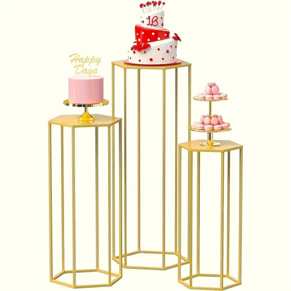 Gold hexagonal cake stands with sleek metal frames as part of a 6-piece storage rack for home use and vase decoration bottle display