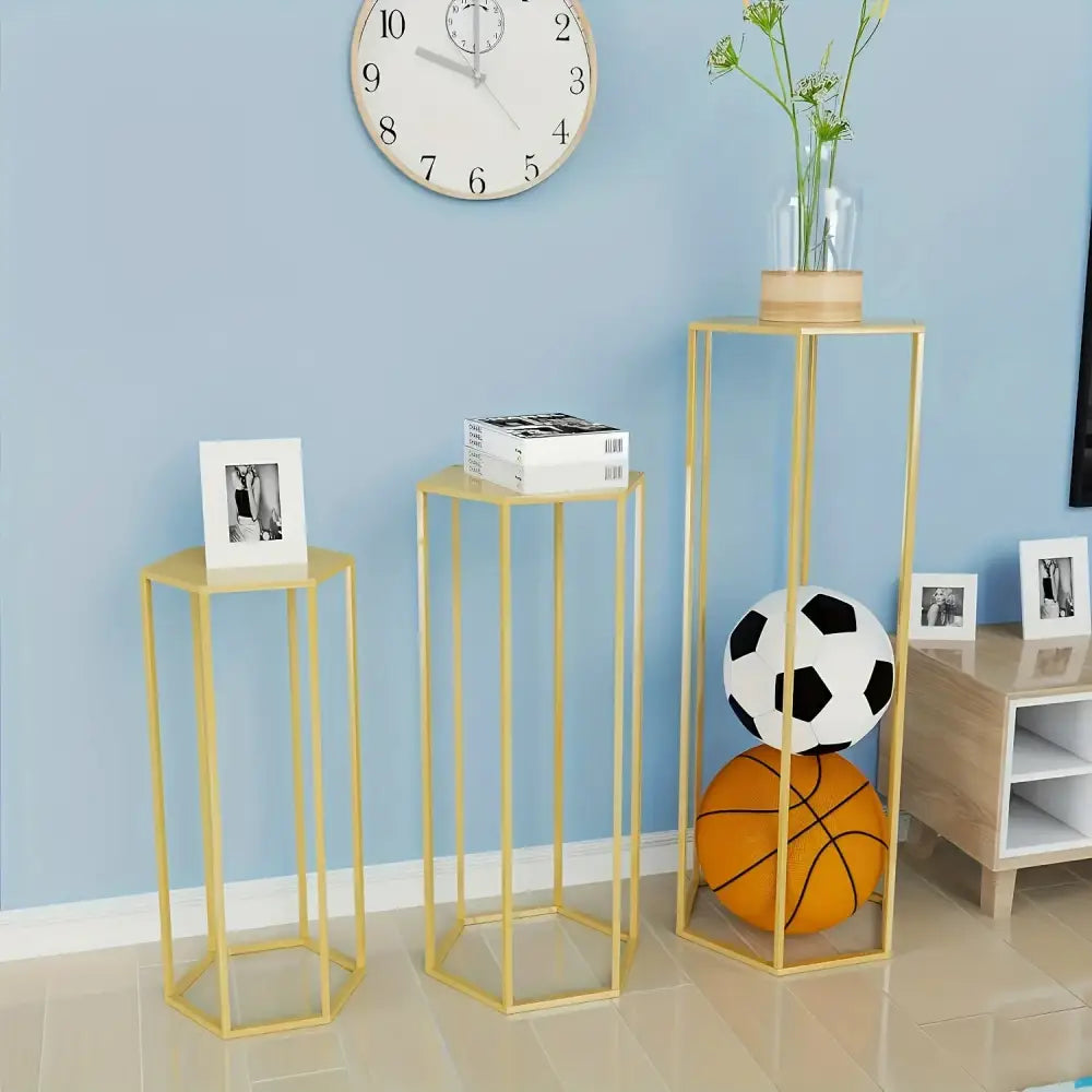 Gold metal hexagonal pedestal stands for vase decoration bottle in 6-piece storage rack for home use