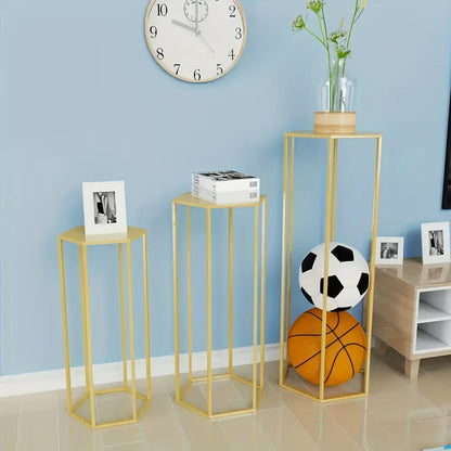 Gold metal hexagonal pedestal stands for vase decoration bottle in 6-piece storage rack for home use