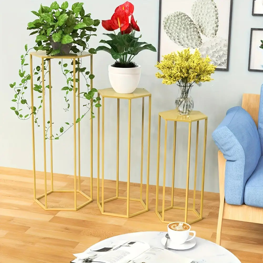 Three golden hexagonal metal plant stands in a 6-piece storage rack for vase decoration bottle and home use