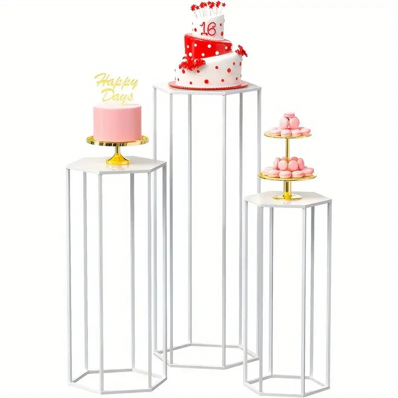 White hexagonal metal 6-piece storage rack with gold accents for home use and vase decoration bottle display