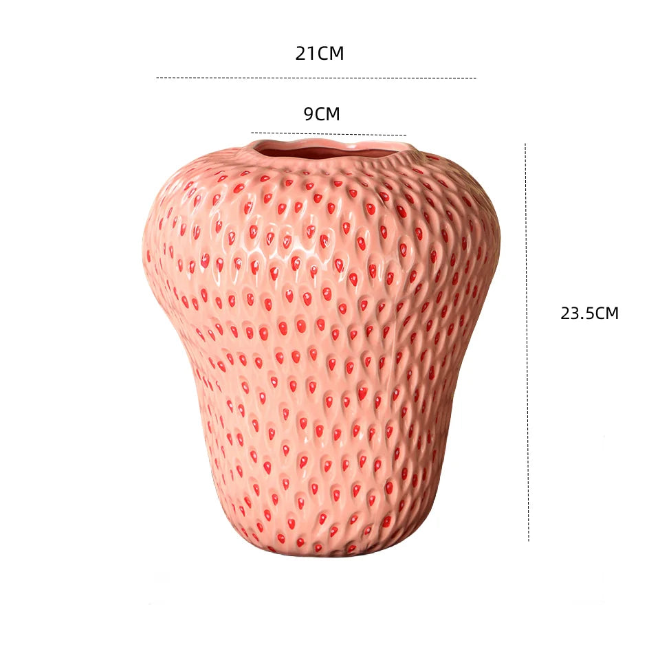 Strawberry Cartoon Ceramic Vase for Kids Room - Pink XL - Vase