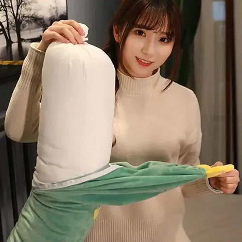 White plush banana-shaped decorbites cylindrical soft pregnancy sleep pillow with green fabric stem and yellow handle
