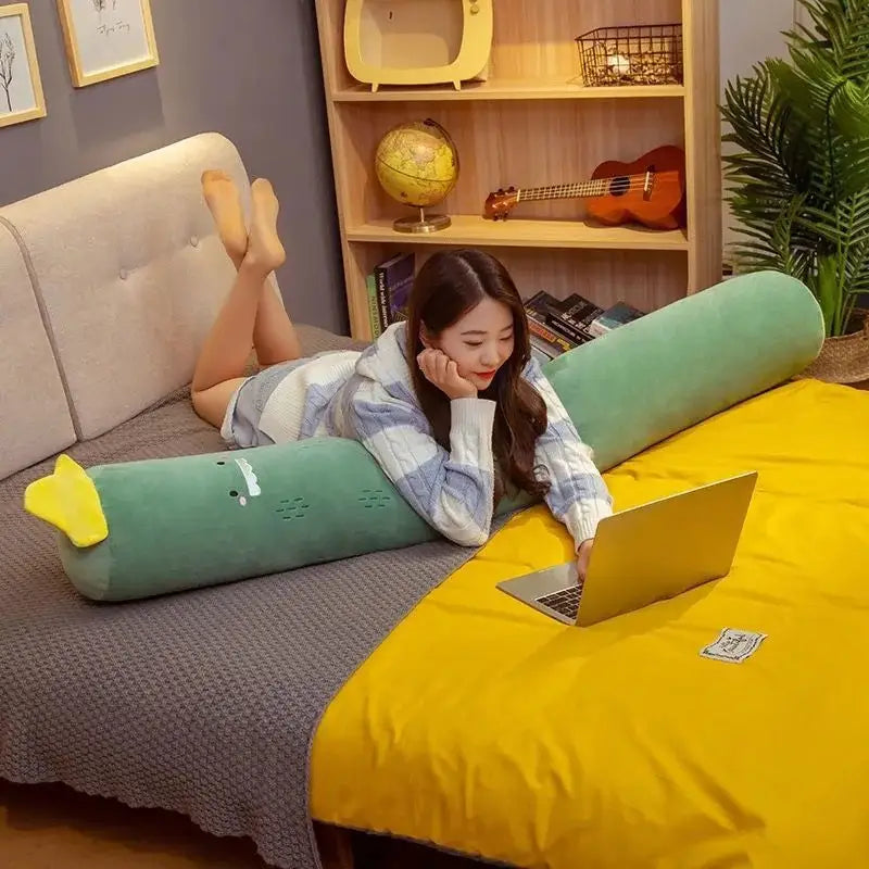 Green plush dinosaur-shaped soft pregnancy sleep pillow with yellow head by Strawberry decorbites cylindrical collection
