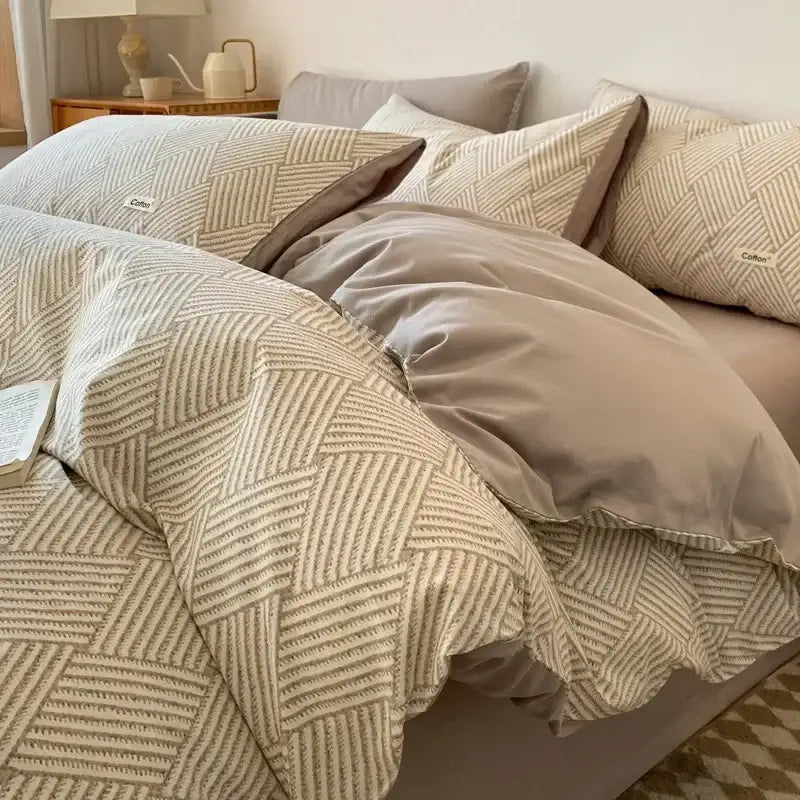 Beige and cream geometric patterned cotton duvet set with subtle woven texture featuring decorbites grid printed fitted sheet