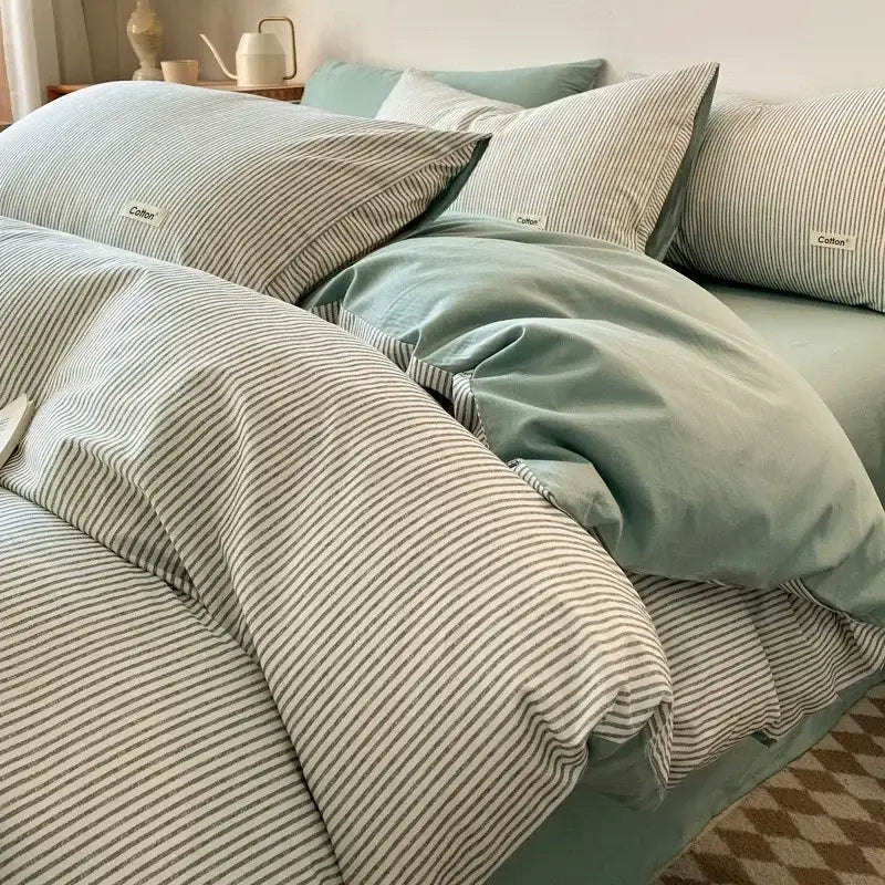 Striped beige and blue cotton bedding set with fitted sheet featuring soft mint and beige vertical stripes decorbites grid printed