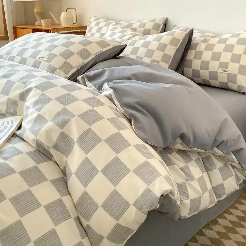 Gray and off-white checkered duvet cover set with soft textured fabric finish and bedding set fitted sheet decorbites grid printed