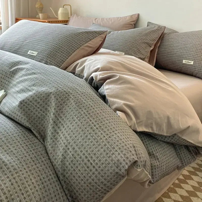 Gray and beige checkered cotton duvet cover set with matching pillowcases and striped beige and blue fitted sheet decorbites grid printed bedding set