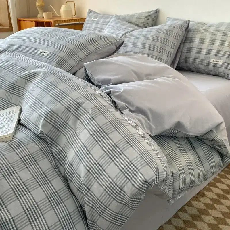 Gray and black plaid duvet cover set with matching pillowcases featuring decorbites grid printed fitted sheet bedding set