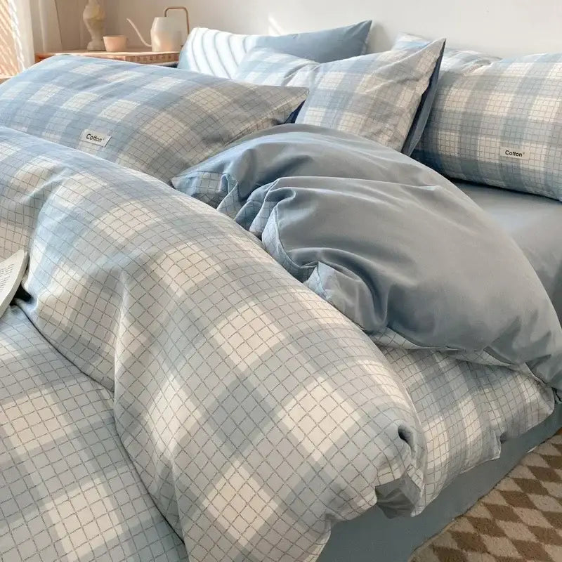 Light blue and white plaid cotton bedding set with a soft texture featuring decorbites grid printed fitted sheet