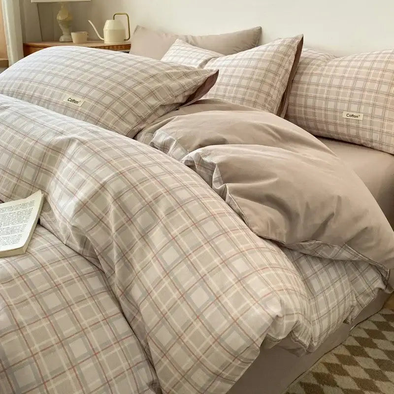 Beige and cream plaid bedding set with subtle red accents and soft cotton fabric featuring a fitted sheet decorbites grid printed