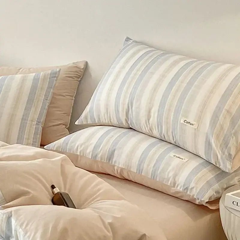 Soft striped cotton pillowcases in light blue and cream from striped beige and blue fitted sheet bedding set decorbites grid printed