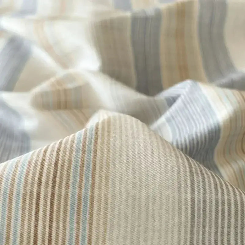 Striped beige and blue cotton fitted sheet with subtle textured stripes from bedding set by decorbites grid printed