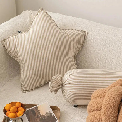 Beige and cream striped corduroy decorbites cloud star pillow with tied bow in star moon shape for kids bedroom decor