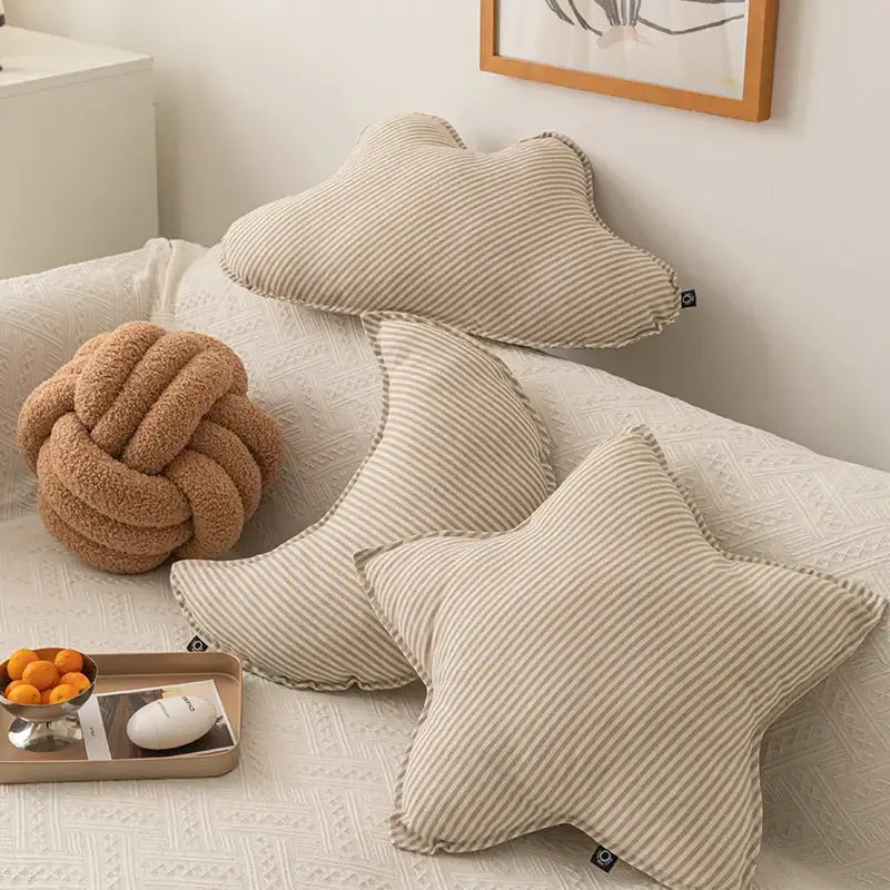 Beige and cream striped corduroy decorbites cloud star shaped pillow for kids bedroom decor