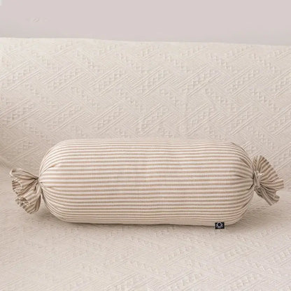 Beige and white striped corduroy cylindrical pillow with tied ends decorbites cloud star kids bedroom decorbites cloud star