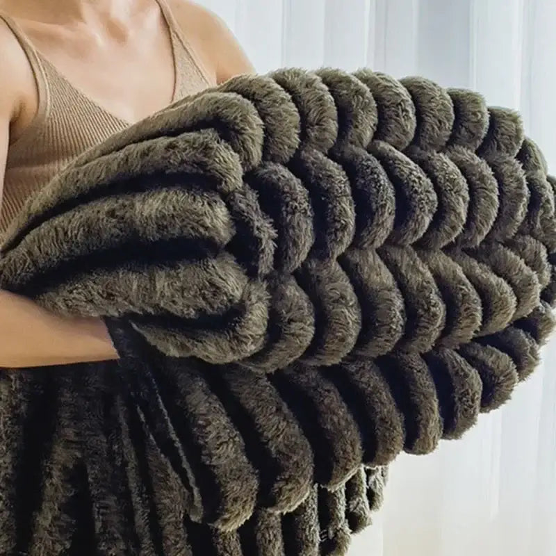 A plush olive green faux rabbit plush throw blanket with ribbed texture and soft fluffy loops for decorbites dark faux decor