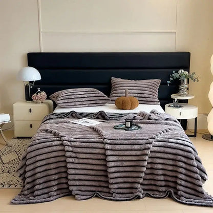 Plush gray ribbed throw blanket with soft textured surface and subtle sheen in decorbites dark faux rabbit plush design