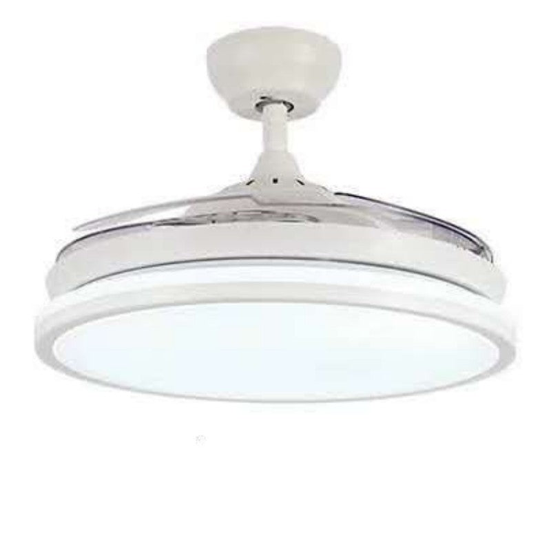 White ceiling fan with retractable blades and led light, modern design.