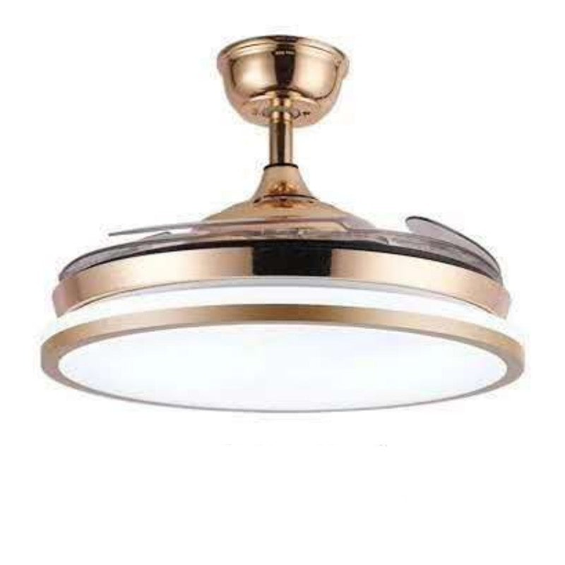 Gold and white ceiling fan with led light, modern design.