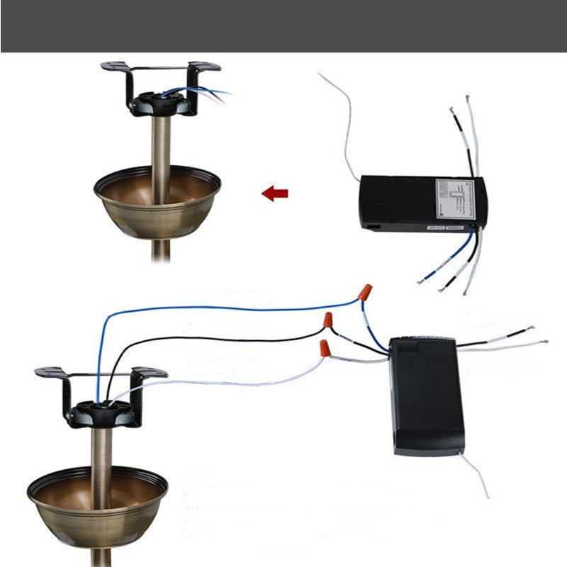Two-tiered fountain with bronze bowls and black metal stand in a modern design for study dining room living bedroom fan lamp