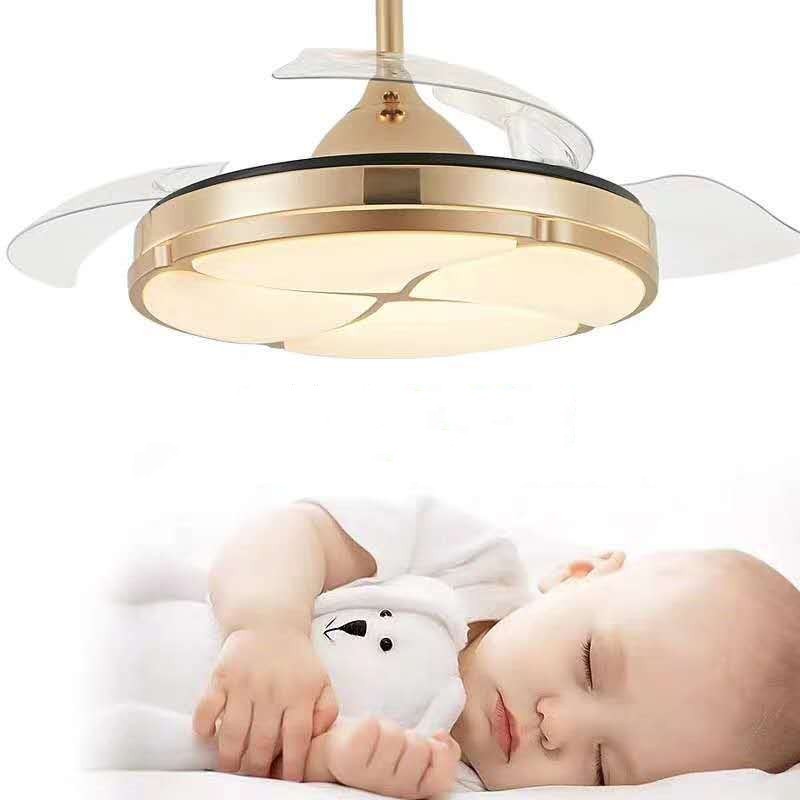 Gold ceiling fan with retractable blades and led light, modern design.