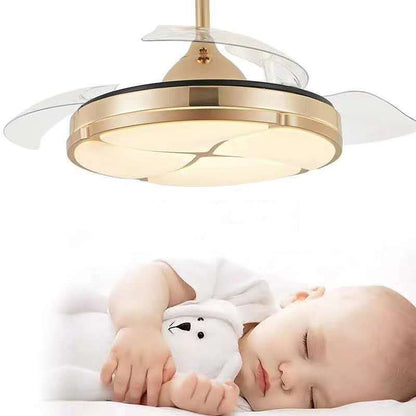 Gold ceiling fan with retractable blades and led light, modern design.