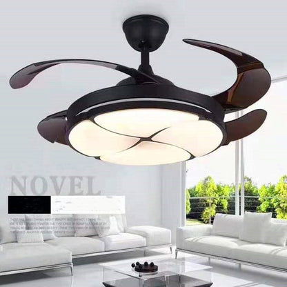 Black and brown ceiling fan with retractable blades, modern design.