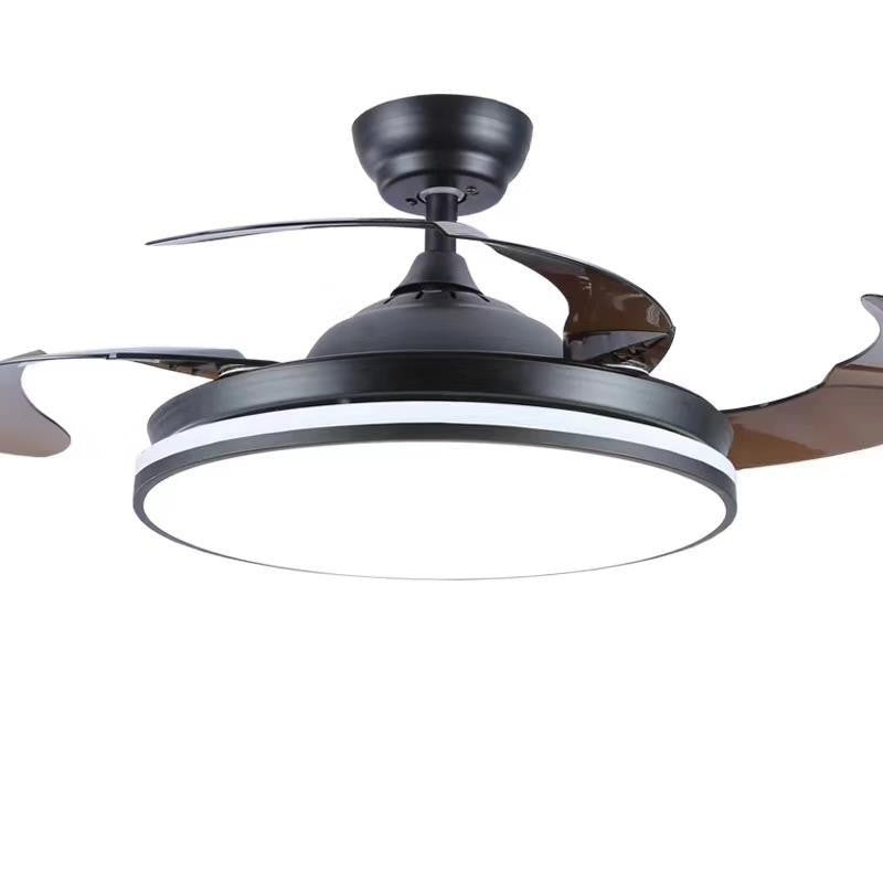 Black retractable ceiling fan with led lights and wooden blades for study dining room living bedroom use