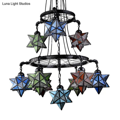 Stunning 10-Light Star Living Room Hanging Light: Tiffany Chandelier with Wheel Stained Glass in Black Finish