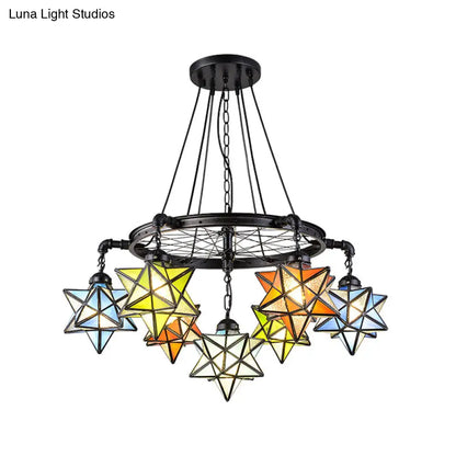 Stunning 10-Light Star Living Room Hanging Light: Tiffany Chandelier with Wheel Stained Glass in Black Finish