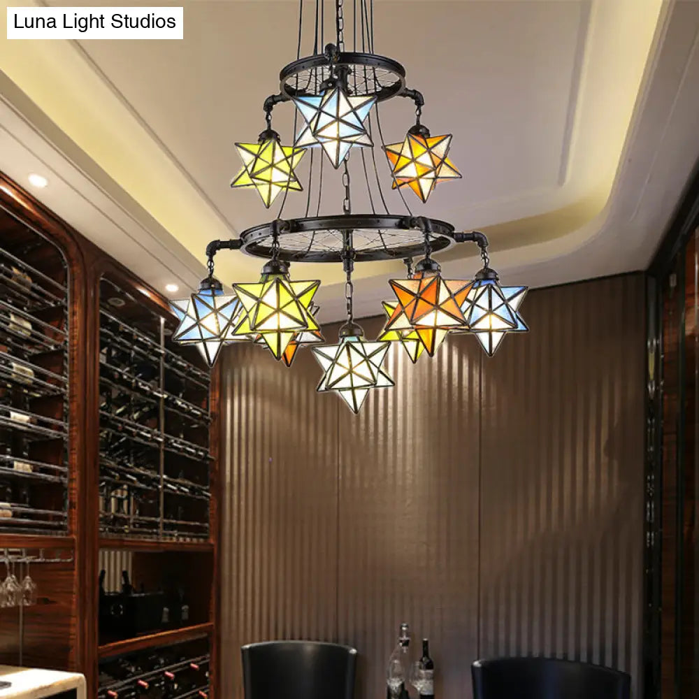 Stunning 10-Light Star Living Room Hanging Light: Tiffany Chandelier with Wheel Stained Glass in Black Finish