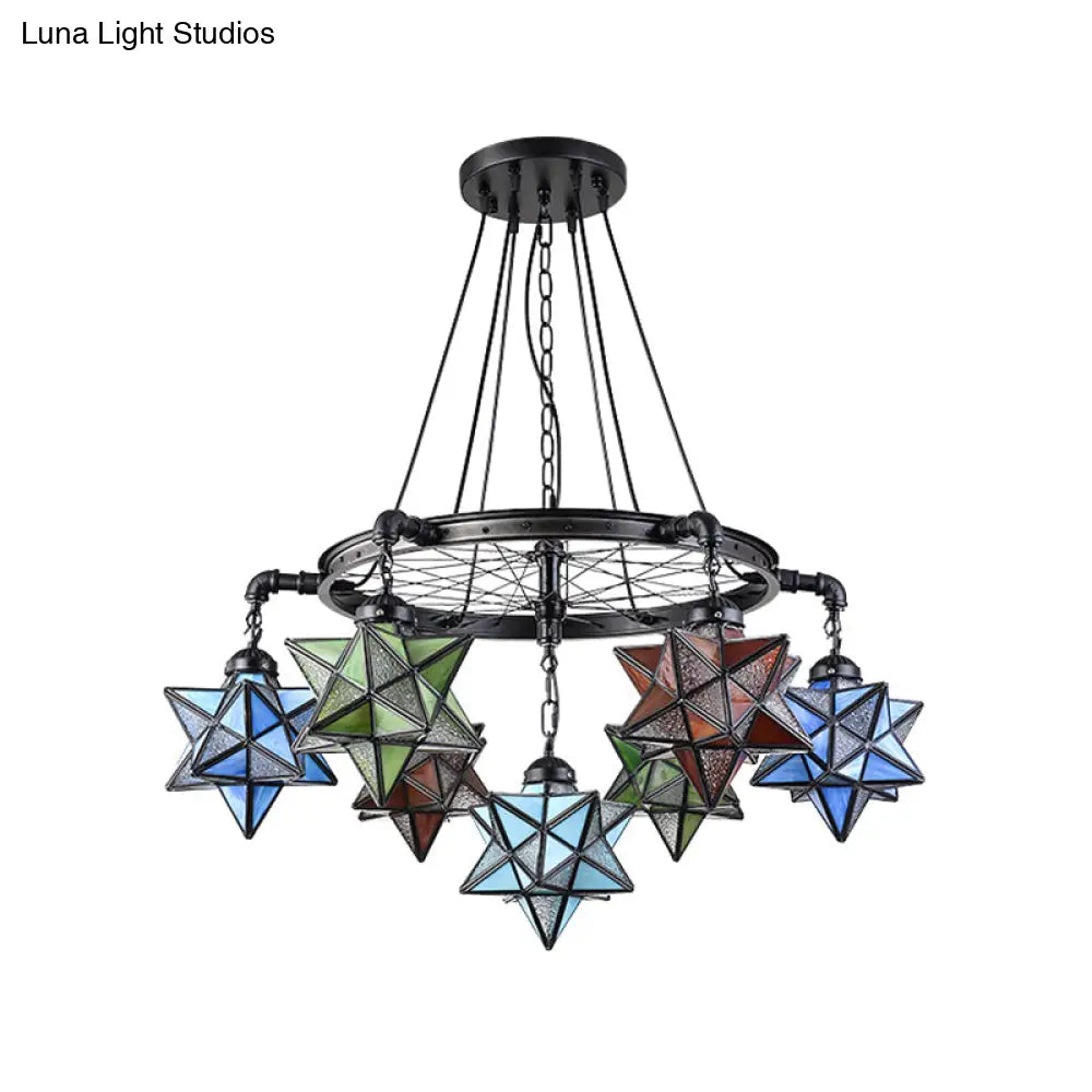 Stunning 10-Light Star Living Room Hanging Light: Tiffany Chandelier with Wheel Stained Glass in Black Finish