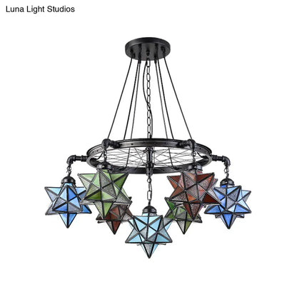 Stunning 10-Light Star Living Room Hanging Light: Tiffany Chandelier with Wheel Stained Glass in Black Finish