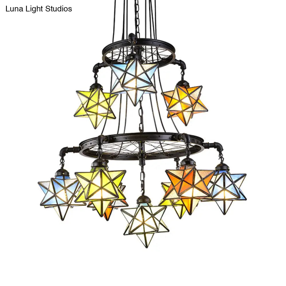 Stunning 10-Light Star Living Room Hanging Light: Tiffany Chandelier with Wheel Stained Glass in Black Finish