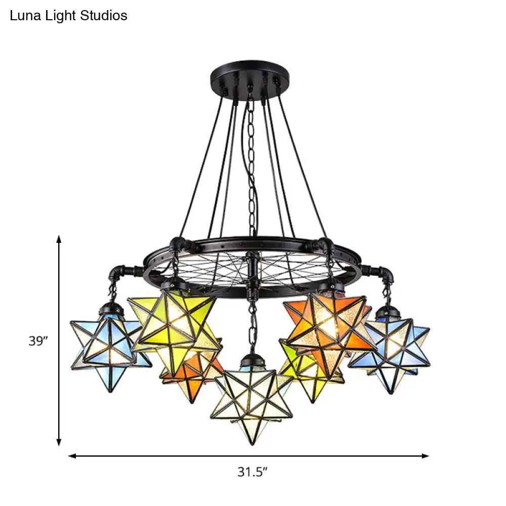 Stunning 10-Light Star Living Room Hanging Light: Tiffany Chandelier with Wheel Stained Glass in Black Finish