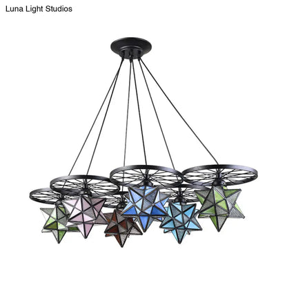 Stunning 10-Light Star Living Room Hanging Light: Tiffany Chandelier with Wheel Stained Glass in Black Finish