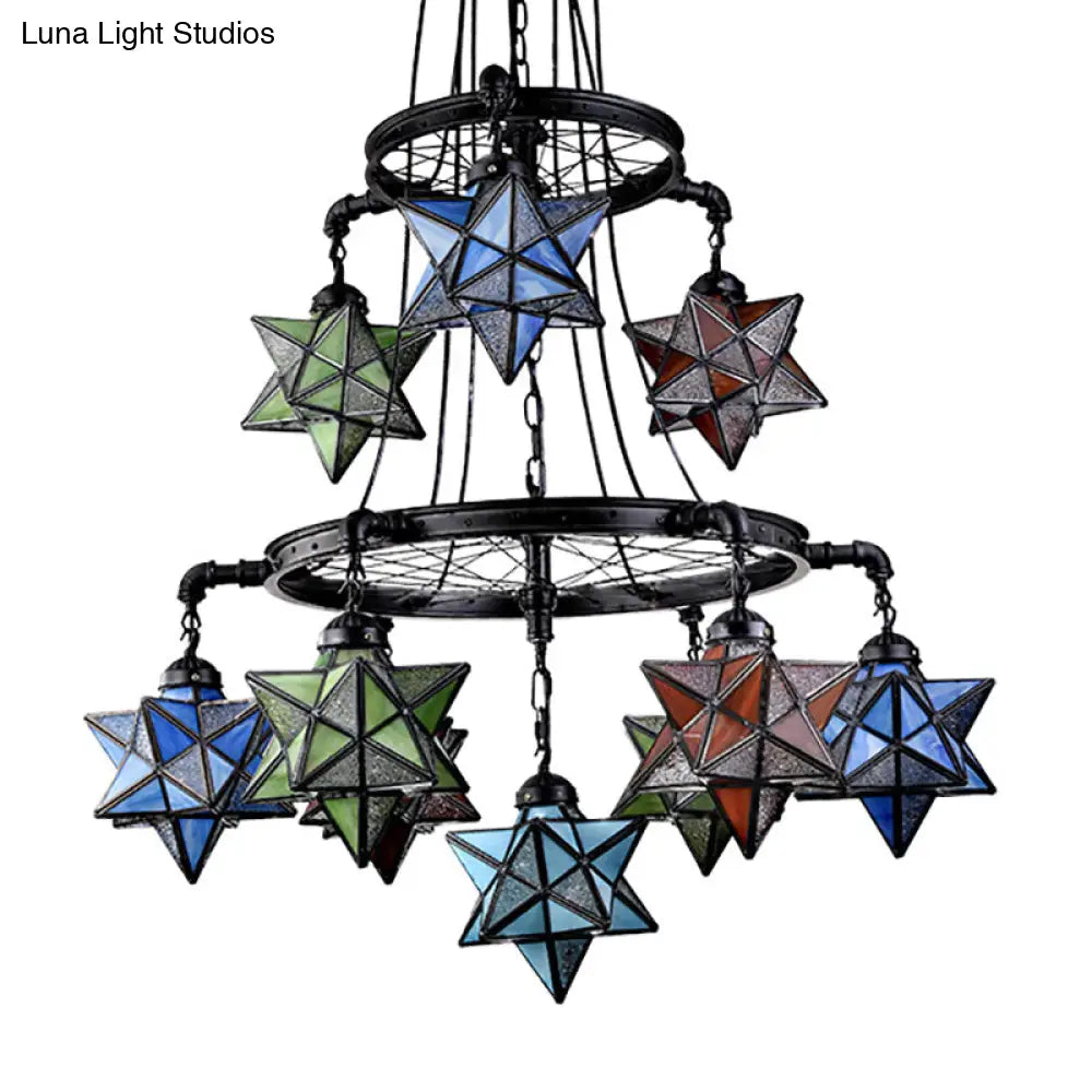 Stunning 10-Light Star Living Room Hanging Light: Tiffany Chandelier with Wheel Stained Glass in Black Finish