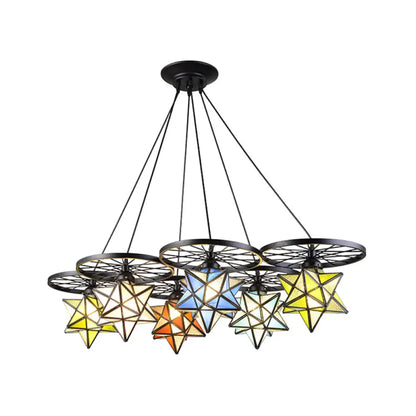 Stunning 10-Light Star Living Room Hanging Light: Tiffany Chandelier with Wheel Stained Glass in Black Finish