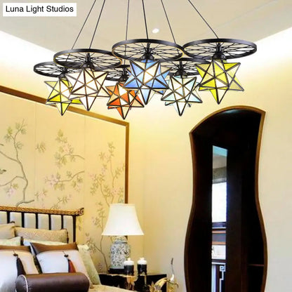 Stunning 10-Light Star Living Room Hanging Light: Tiffany Chandelier with Wheel Stained Glass in Black Finish