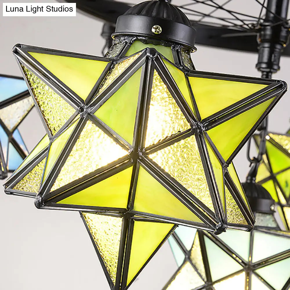 Stunning 10-Light Star Living Room Hanging Light: Tiffany Chandelier with Wheel Stained Glass in Black Finish