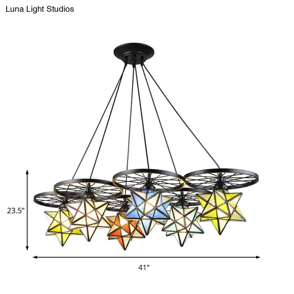 Stunning 10-Light Star Living Room Hanging Light: Tiffany Chandelier with Wheel Stained Glass in Black Finish