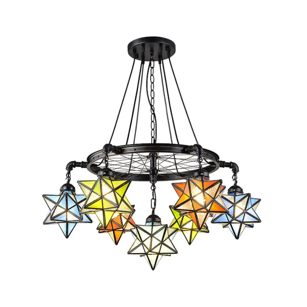 Stunning 10-Light Star Living Room Hanging Light: Tiffany Chandelier with Wheel Stained Glass in Black Finish