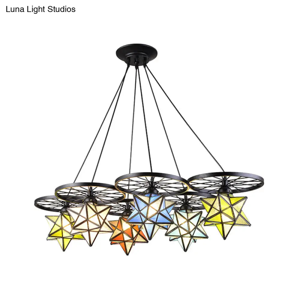 Stunning 10-Light Star Living Room Hanging Light: Tiffany Chandelier with Wheel Stained Glass in Black Finish